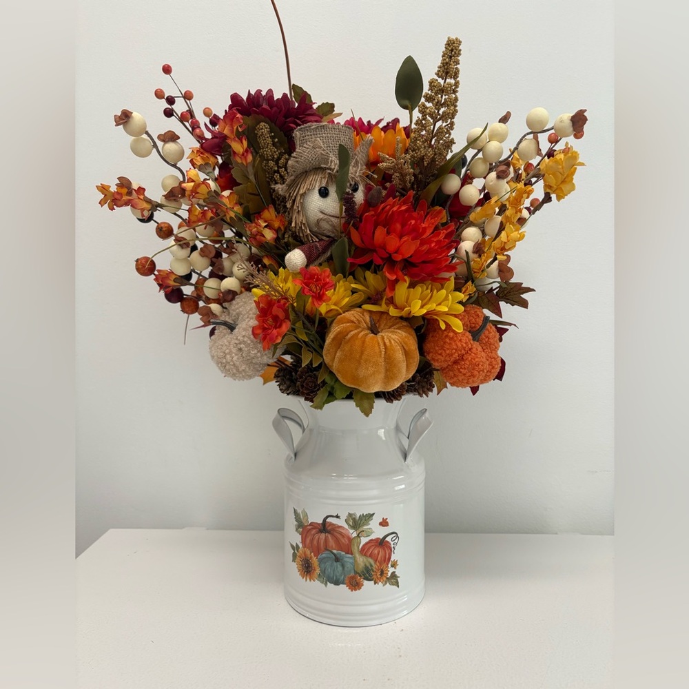 Handmade Autumn Harvest Floral Arrangement in White Milk Can